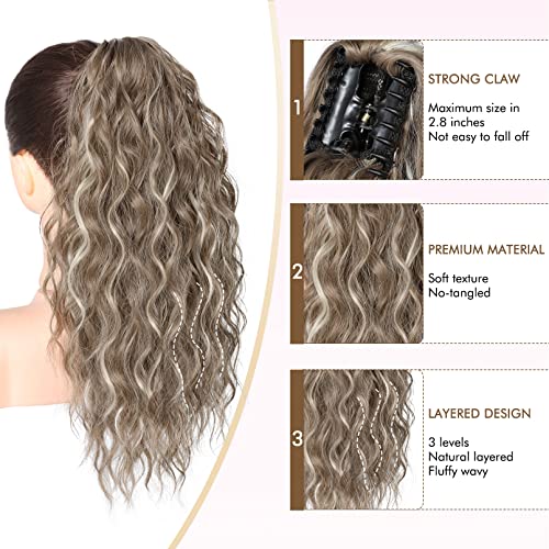 REECHO Highlight Ponytail Extension, 18 Inch Claw Multi Layered Clip on Ponytail Extension for Women Long Curly Hair Extensions Synthetic Hairpiece HP002 - Ash Brown with Platium Highlights