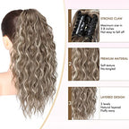 REECHO Highlight Ponytail Extension, 18 Inch Claw Multi Layered Clip on Ponytail Extension for Women Long Curly Hair Extensions Synthetic Hairpiece HP002 - Ash Brown with Platium Highlights