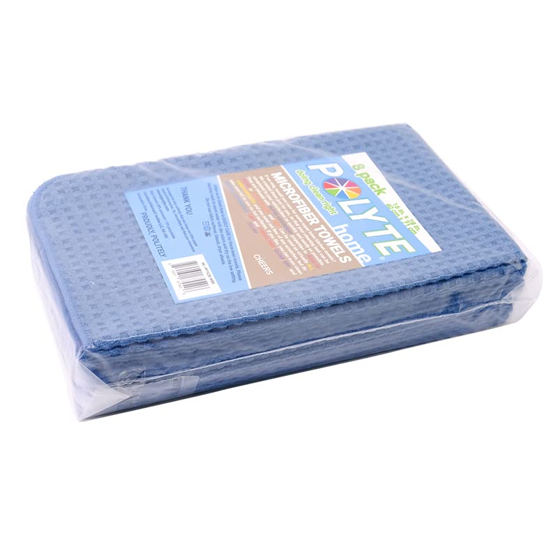 POLYTE Ultra Premium Microfiber Kitchen Dish Hand Towel Waffle Weave, 8 Pack (16x28 in, Blue)