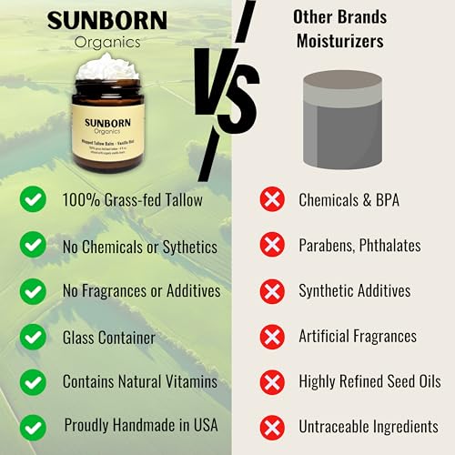 Pure Whipped Tallow Balm | 100% Organic Grass-Fed Beef Tallow Face Moisturizer & Lip Balm (4oz, Vanilla Hint)