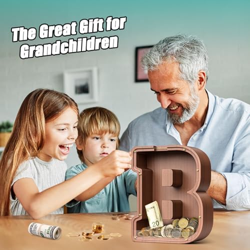 Summidate Wooden Letter Piggy Bank, Extra Thick Large Capacity Piggy Bank for Kids Boys Girls Toddler, Alphabet B Money Bank| Coin Box Birthday, Christmas, Festival
