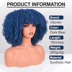 Afro Curly Wigs for Black Women Afro Bomb Kinky Curly Wig with Bangs 12 Inches about 280g Fluffy and Soft Glueless Synthetic Hair Wig (Dark Blue)