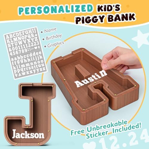 Summidate Wooden Letter Piggy Bank, Extra Thick Large Capacity Piggy Bank for Kids Boys Girls Toddler, Alphabet J Money Bank| Coin Box Birthday, Christmas, Festival