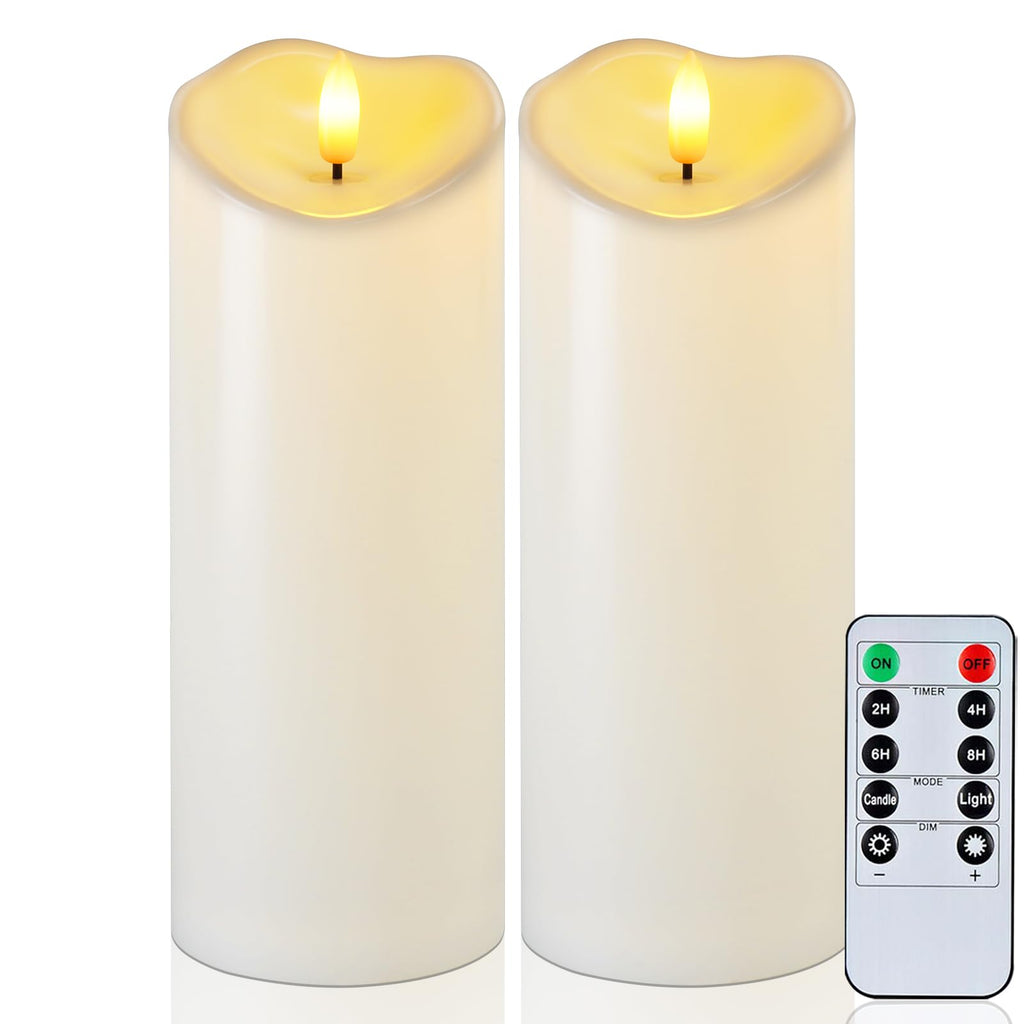 Raycare 8"x3" Outdoor Waterproof Flameless Candles with Remote and Timer, Battery Operated LED Electric Fake Pillar Candle for Christmas Home Wedding Decor, Ivory White, Set of 2