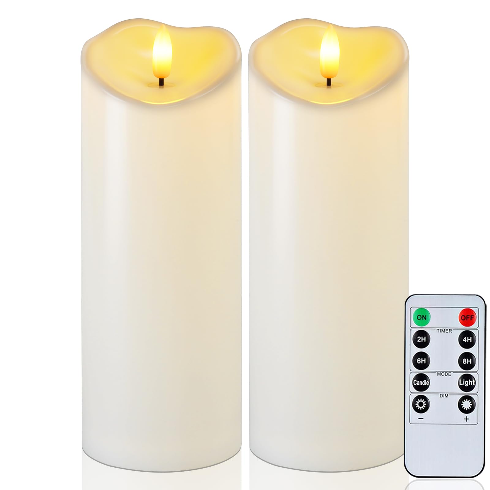 Raycare 8"x3" Outdoor Waterproof Flameless Candles with Remote and Timer, Battery Operated LED Electric Fake Pillar Candle for Christmas Home Wedding Decor, Ivory White, Set of 2