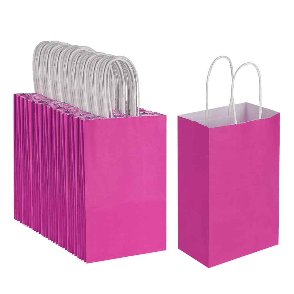 Oikss 100 Pack 5.25x3.25x8.25 Inch Small Hot Pink Kraft Paper Bags with Handles Bulk for Birthday Wedding Party Favors Grocery Retail Shopping Business Goody Craft Gift Bags Sacks (Fuchsia 100 Count)