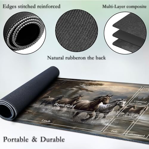 for MTG Game Playmat, for Magic TCG Rubber Play mat,Tabletop Card Playmats with Smooth Surface,Trading Card Inked Game Mat with New Zones,Battle Game,Horses in River