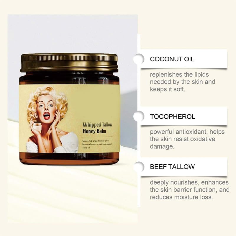 Whipped Beef Tallow Moisturizer with Manuka Honey, Grass Fed Organic Face Balm, Unscented, 4.2 oz