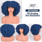 Afro Curly Wigs for Black Women Afro Bomb Kinky Curly Wig with Bangs 12 Inches about 280g Fluffy and Soft Glueless Synthetic Hair Wig (Dark Blue)