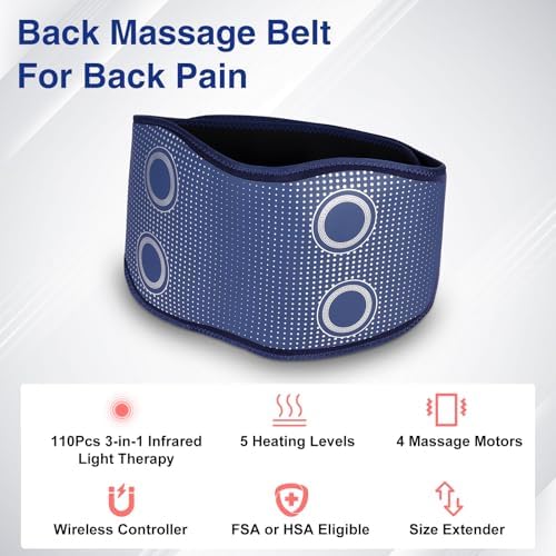 Cordless Back Massager Belt,FSA or HSA Eligible Red Light Therapy Massage Belt with 5 Heating Levels,3 Vibration Modes, Lower Back Massager for Pain Relief Deep Tissue,4 Motors,Battery-Powered (Blue)