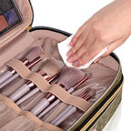 Double Layer Travel Makeup Bag Women, Large Cosmetic Case, Organizer for Travel-Size Accessories Bottles, Brushes, and Skin Care Products (Brown, Double-Layer)