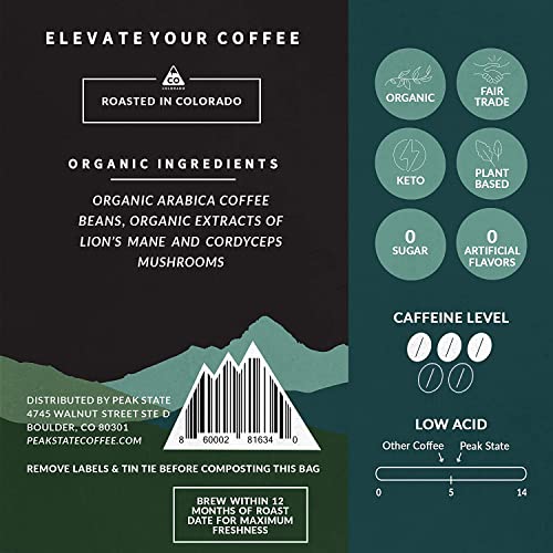 Peak State BRAIN SUSTAIN Coffee - Dark Roast - Whole Bean Lion's Mane Mushroom Coffee - Mold Free, Mycotoxin Free, Organic, Non-GMO, Low Acid (12 oz, Whole Bean)