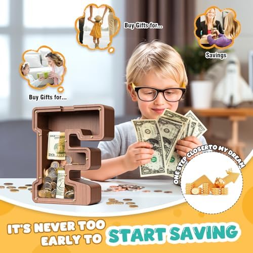 Summidate Wooden Letter Piggy Bank, Extra Thick Large Capacity Piggy Bank for Kids Boys Girls Toddler, Alphabet F Money Bank| Coin Box Birthday, Christmas, Festival