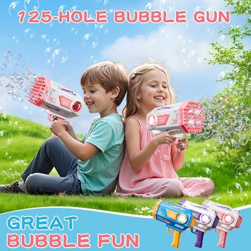 BOMOCO Bubble Gun, 125 Holes Bubble Machine Bubbles for Kids Age 3-12, Bubble Blaster Gun with Bubble Solution Summer Outdoor Bubble Toys Birthday Wedding Party Favors Bubble Maker Blower,Pink