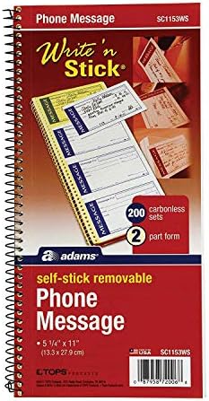 TOPS Adams Write 'N Stick Spiral Message Pad, 200 Carbonless Duplicate Sets Per Pad, 5.25 x 11 Inches, White/Yellow (SC1153WS) 4 PACK
