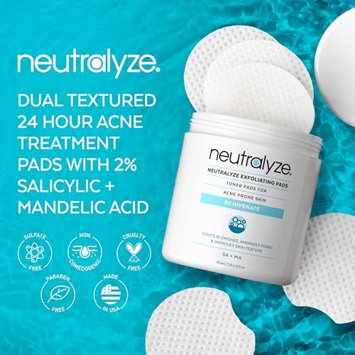 Exfoliating Acne Treatment Pads - 100 Dual Textured Face Wipes with 2% Salicylic Acid & 2% Mandelic Acid - Toner Pads for Acne Prone Skin, Face & Body Wipes for Teens & Adults