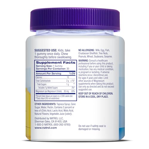 Natrol Kids Magnesium Citrate Gummies, Gently Calm & Relax Little Minds and Bodies, Plus Support Healthy Muscle Relaxation and Function, 30 Razzilicious Gummies, Up to a 30 Day Supply, (Pack of 2)