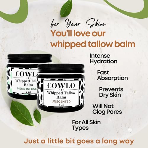 Whipped Tallow Balm for Skin, 100% Grass Fed Beef Tallow Face Moisturizer - Organic Body Butter, Beef Tallow for Skin, Eczema, Baby, Made in USA, Herb Infused, 2 oz