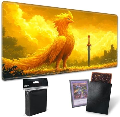Playmats for Magic: The Gathering MTG Card Game Mat Plus 50 Pcs Card Sleeves, 24 x 14 inch TCG Mat with Stitched Edge for Commander Deck Duskmourn Board Game, Golden Chocobo