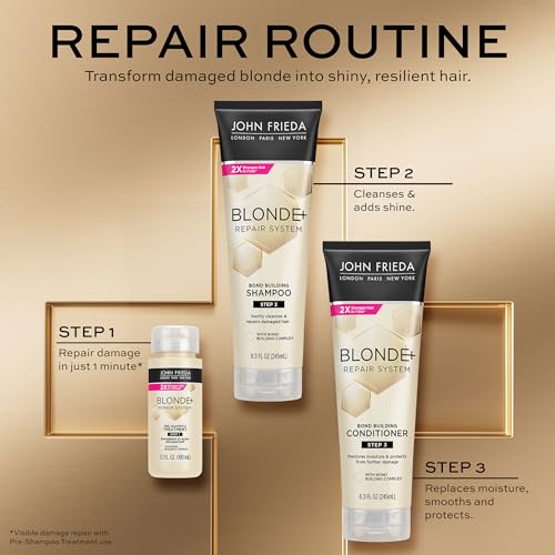 John Frieda Blonde+ Hair Repair System Bundle, Includes Full Repair System, Pre-Shampoo Treatment 3.3oz, Bond Building Shampoo 8.3oz, and Conditioner 8.3oz, Strengthens and Repairs Damaged Hair
