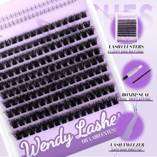 WENDY Lashes Clusters DIY Eyelash Extension Kit - 3D Effect C3 & Bottom Lashes with Bond and Seal Tweezers Cluster Eyelash Extensions Wispy Soft Individual Lashes, Suitable for Beginners, 10-16 MM