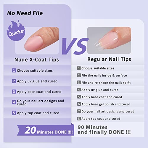 BTArtbox XCOATTIPS Natural Nail Tips - Extra Short Almond Press On Nails Pink, Long Lasting Soft Gel Nails False Nail, Soak Off Acrylic Fake Nails Extensions for Nail Art DIY