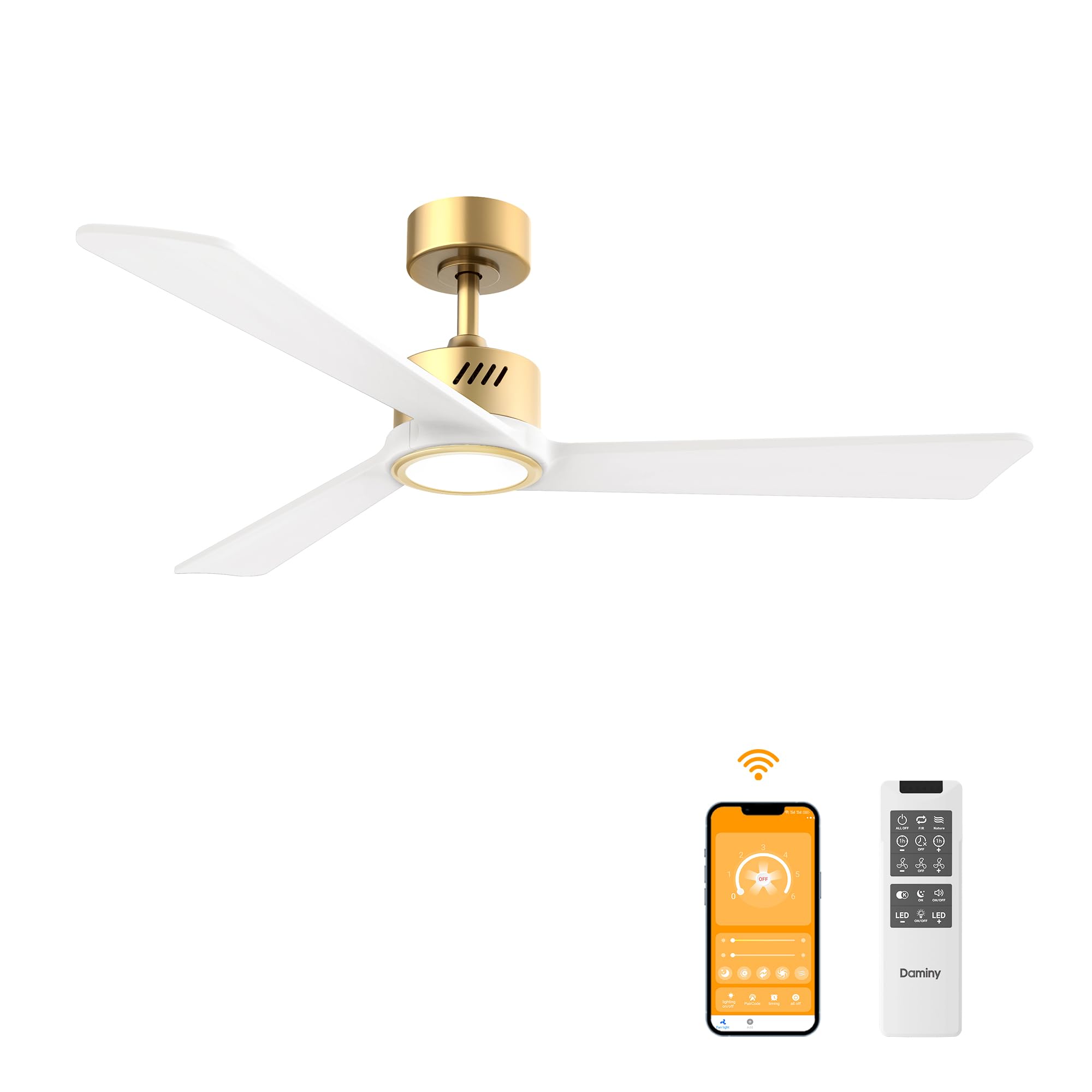 DAMINY Natural Solid Wood White and Gold 52 inch Ceiling Fan with Light,3 Blades,6CCT,Low Profile Ceiling Fan with Light and Remote Control
