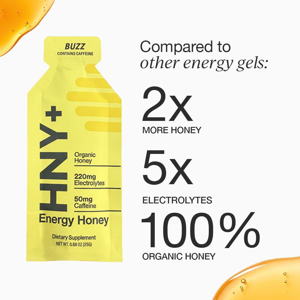 HNY+ Buzz Organic Honey Energy Gel with Electrolytes, Magnesium, Sea Salt, Potassium & Green Tea Caffeine, Workout Gels for Gym, Running & Hiking, Gluten Free, 50mg Caffeine, 12 Pack