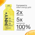 HNY+ Buzz Organic Honey Energy Gel with Electrolytes, Magnesium, Sea Salt, Potassium & Green Tea Caffeine, Workout Gels for Gym, Running & Hiking, Gluten Free, 50mg Caffeine, 12 Pack