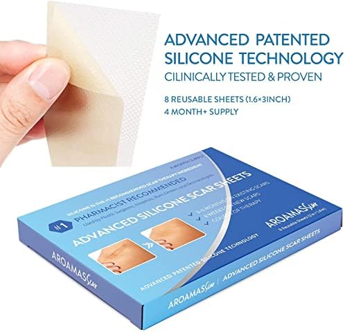 Aroamas Scar Silicone Scar Tape– Softens & Flattens Scars from Surgery, Injury, Burns, C-Section, Scratch Marks – Reusable Medical-Grade Silicone Scar Sheets for All Skin Types [3"x1.57", 8 Sheets]