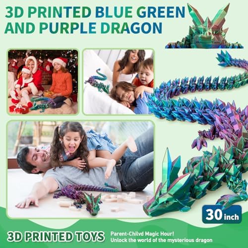 Large 3D Printed Dragon,30 Inch 3D Dragon Toys,Bigger Fidget Crystal Animals Toys, 3D Printed Articulated Animals for Home Office Car Desk Decor(Blue Green Purple)