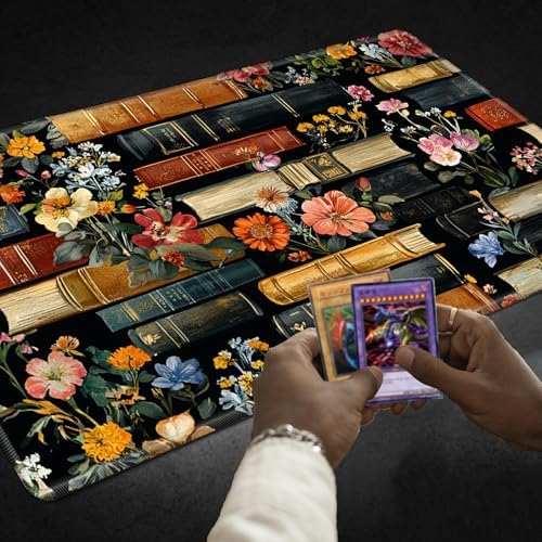 Playmats for Magic: The Gathering MTG Card Game Mat Plus 50 Pcs Card Sleeves, 24 x 14 inch TCG Mat with Stitched Edge for Commander Deck Duskmourn Board Game, Books and Flowers