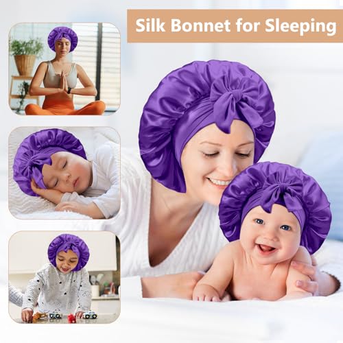 2 PCS Mommy and Me Bonnet Set,Silk Bonnet for Kids and Women,Satin Bonnet for Sleeping with Elastic Tie Band,Adjustable Hair Bonnet for Women Girl Kids Toddler Sleeping Caps(Dark Purple)