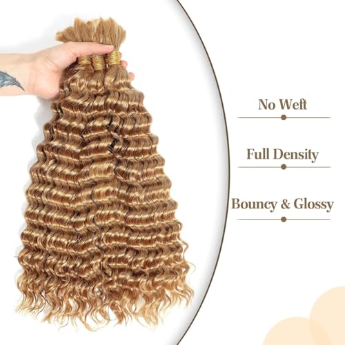 Human Braiding Hair Deep Wave Bulk Human Hair Braiding 100g/Pack 20 Inch Color 27# 10A Brazilian Virgin Human Hair No Weft Curly Braiding Extensions for Boho Braids (Color27#, 20inch,100g)