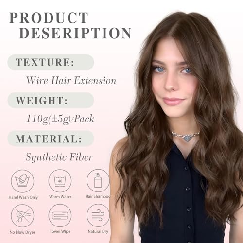 MORICA Halo Hair Extensions 20 Inch Medium Brown Invisible Wire Hair Extensions,Long Wavy Synthetic Hairpiece with Transparent Wire Adjustable Size, 4 Secure Clips for Women