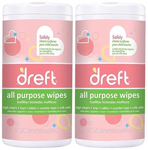 Dreft Multi-Surface All-Purpose Gentle Cleaning Wipes for Baby Toys, Car Seat, High Chair & More, 70 Count, Pack of 2
