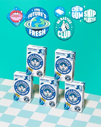 Milliways Mighty Mint Super Natural Gum - Plastic-Free Chewing Gum | Xylitol, Aspartame-Free, Sugar-Free, Plant-Based | 4 Packs of 10 Pieces (40 Pieces Total)