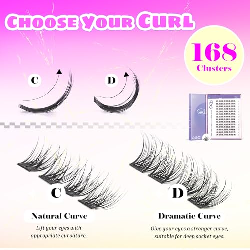 GAQQI Lash Clusters, GQ03 False Eyelashes DIY Lash Extensions C Curl 168PCS Cluster Lashes 14MM, Wispy and Natural Lash Wisps (GQ03,14mm,C Curl)