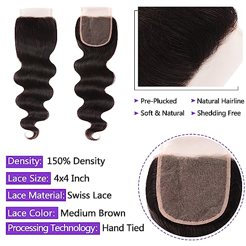 Brazilian Body Wave 3 Bundles With Closure Free Part (16 18 20+14) Body Wave Bundles with 4X4 Closure 100% Unprocessed Virgin Hair Weft Human Hair Bundles with Swiss Lace Closure Natural Color