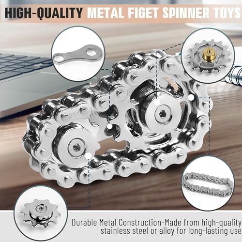 Fidget Spinners Toys for Adults Metal Figette Bike Chain Pain Stim Fidgets Toy for Teens ADHD Cool Gadgets Desk Offices Gift Anxiety Relief Items Stress Tool Sensory Spiky Toy for Autism - Silver 2pc
