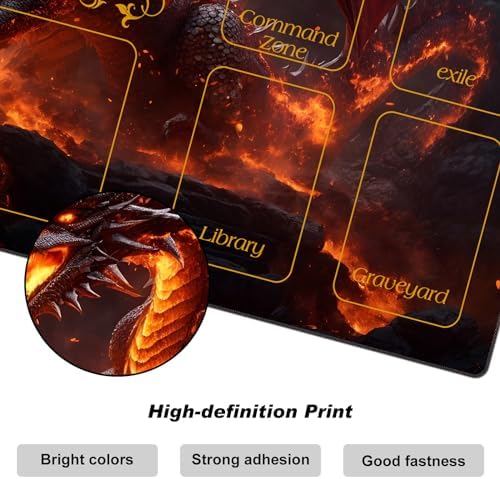 DEGDFSGR MTG Playmat with Zones 27.5" x 15.74" inches, Non-Slip Rubber Base, Commander Playmat for Magic The Gathering, The Fire Dragon On The Rock