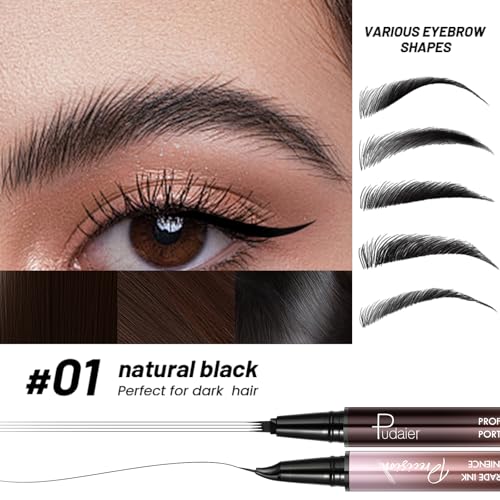 2 Pack Curved Eyebrow Pen, 2 in 1 Dual Ended Microblading Eyebrow Pencils for Women, Waterproof and Last All Day 4 Tip Brow Pencil with Precise Tip for Natural and Hair Like Brows (Natural Black)