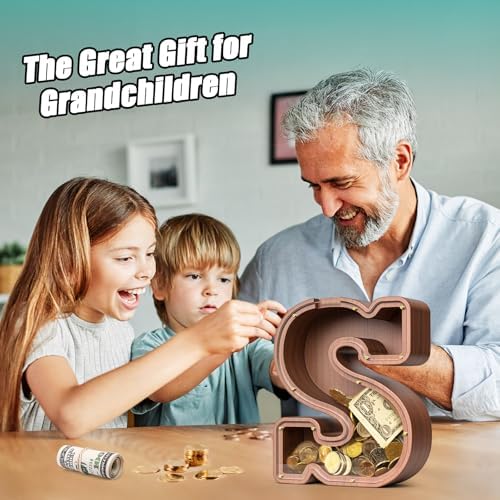 Summidate Wooden Letter Piggy Bank, Extra Thick Large Capacity Piggy Bank for Kids Boys Girls Toddler, Alphabet S Money Bank| Coin Box Birthday, Christmas, Festival