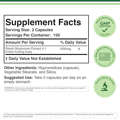 Reishi Mushroom Capsules (4:1 Ganoderma Extract, 1,000mg Red Reishi Powder Servings) 300 Count, 5 Month Supply, Potent Mushroom Supplement for Immune System Support and Defense by Double Wood