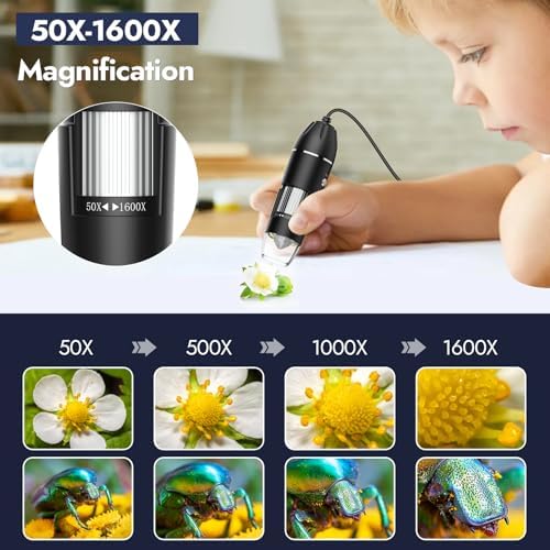 Digital Microscope - 50X-1600X Portable USB Microscope with Adjustable Stand, Compatible with iPhone, iPad, Android