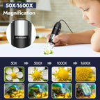 Digital Microscope - 50X-1600X Portable USB Microscope with Adjustable Stand, Compatible with iPhone, iPad, Android