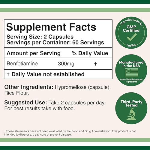 Benfotiamine 300mg Servings (Third Party Tested, 120 Capsules, 150mg Per Cap) Non-GMO, to Boost Thiamine B1 Levels (More Absorbable Than Thiamine, Fat Soluble) by Double Wood