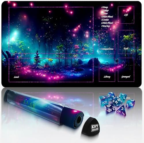 MTG Playmat TCG Playmat -Includes Storage Tube and 7 Dice-Experience Top-Tier Quality and Edge-Locking Waterproof and Non-Slip Mat! (playmat with Zones, Purple fluorescence2)
