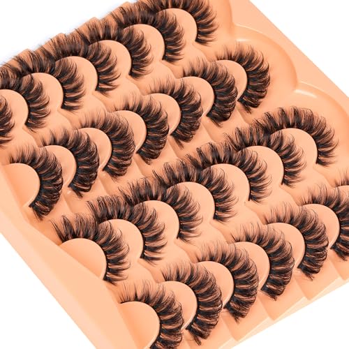 JIMIRE False Eyelashes 14 Pairs Cat Eye Lashes Wispy Fluffy D Curl Strip Natural Lashes Look Like Eyelash Extension 16MM Wispy Faux Mink Fake Lashes Pack