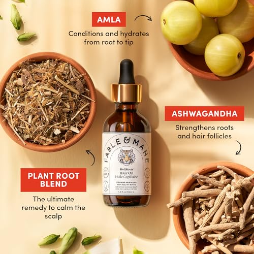 Fable and Mane Hair Oil - HoliRoots Strengthening Serum for Damaged, Frizzy Hair with Amla, Castor Oil for Hair Health - 3.4FL oz